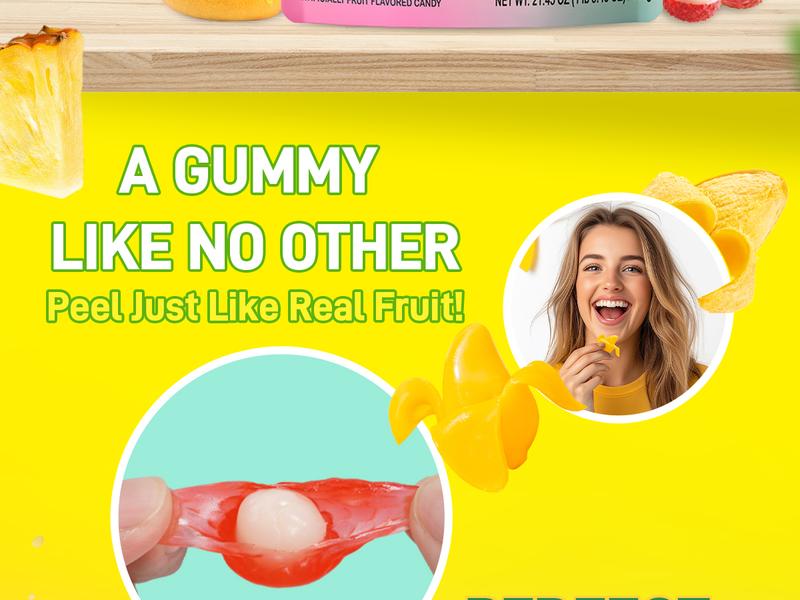 Amos Peelerz Fruity Gummies 608g New Tropical Edition Lychee Kiwi Peach Mixed Pack Mango Lychee Pineapple Exotic Chewy Fruit Candy Low Sodium Fat Free Sweet Juice Snack Bonbon