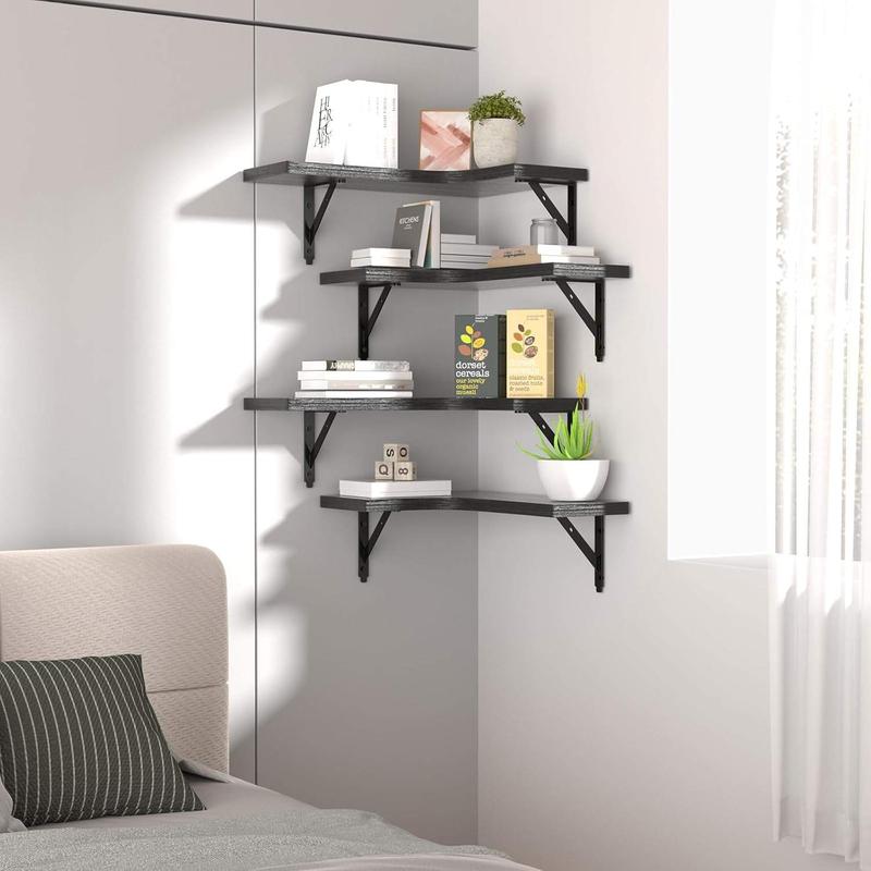 Corner Floating Shelves Wall Mounted Set of 4, Rustic  Storage Display Wall Shelves for  Decor, Bathroom, Kitchen, Bedroom, Living Room, Office (Black)