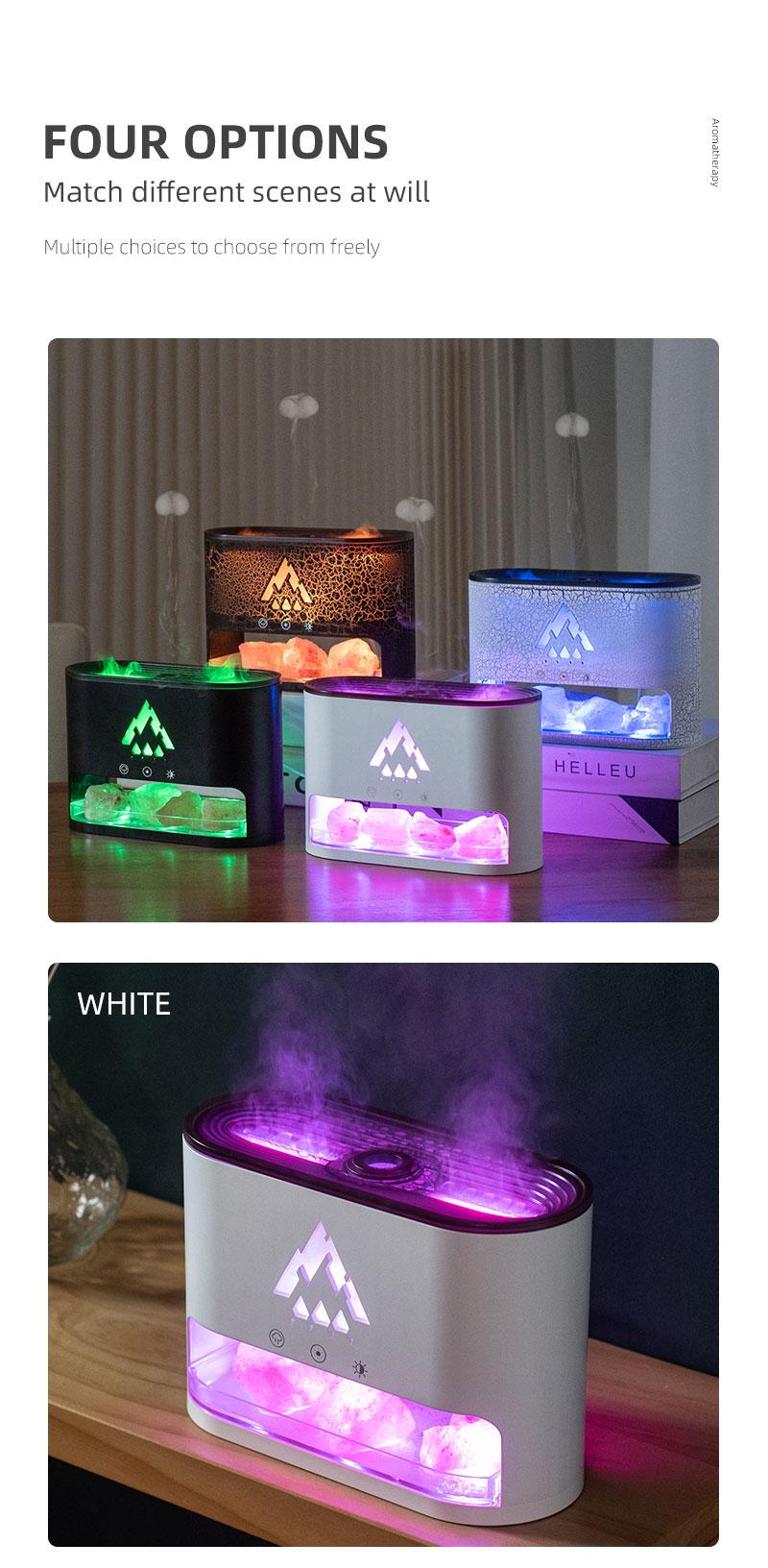 Flame Rock Aromatherapy Machine 250ml Essential Oil Diffuser with Simulated Flame & Jellyfish Mist Colorful LED Lighting Cool Mist Humidifier Timer Auto Off for Home Bedroom Office
