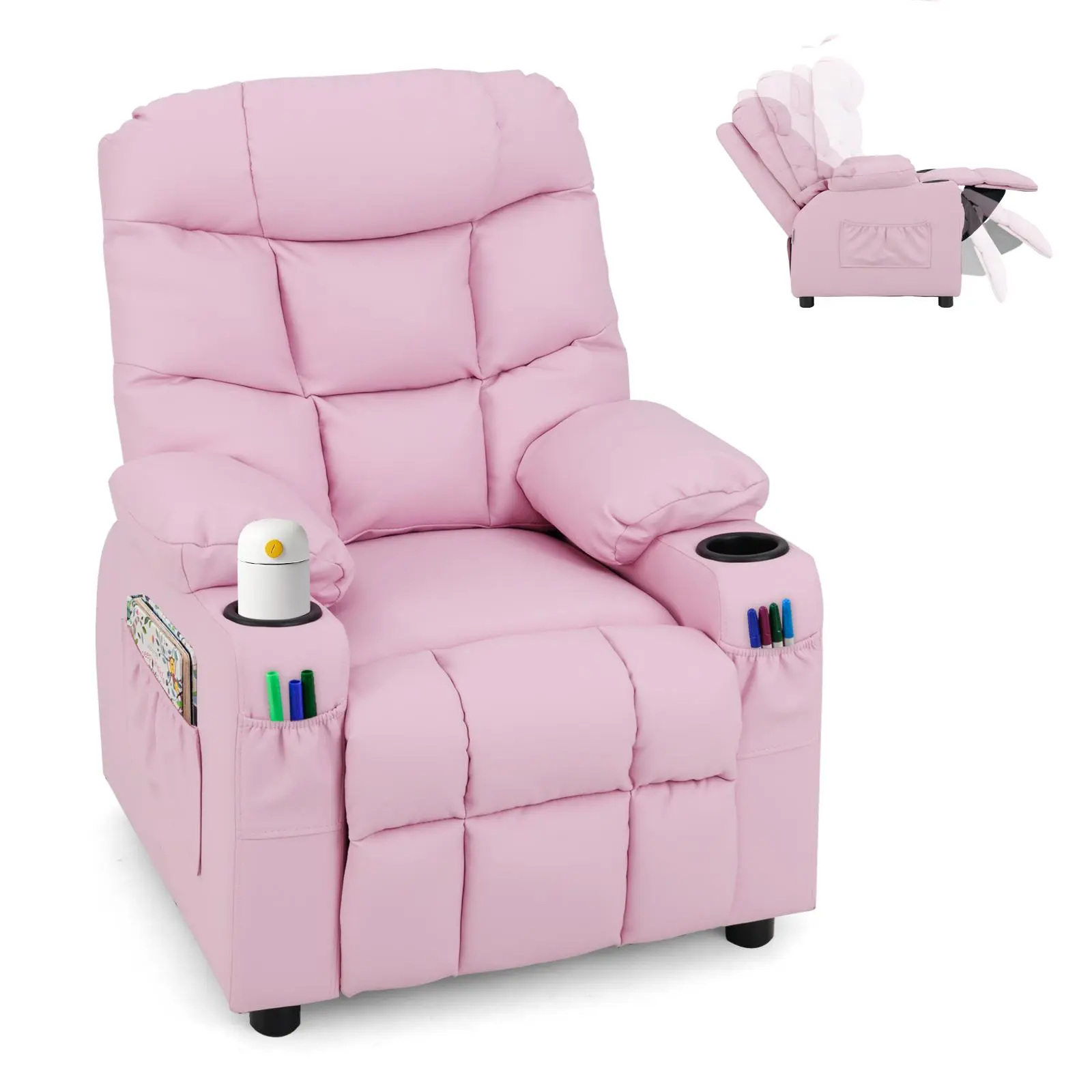 COSTWAY Kids Recliner Chair with Cup Holder, Adjustable Lounge Chair w/Footrest & Side Pockets for Children Boys Girls Room, Ergonomic Toddler Furniture Sofa, Kids Recliner,4th of july decor, dad gift