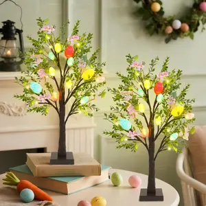 Easter Decoration Artificial Tree with Easter Eggs & Colorful LED Lights, Light Up Tabletop Bonsai Tree for Table Home Holiday Spring Decor