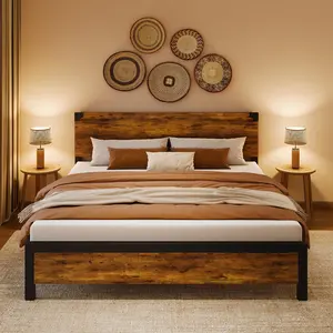 King Bed Frame with Headboard, King Platform Bed Frame with Under Bed Storage and Metal Legs, King Size Bed Frame for Noise Free, No Box Spring Needed, Easy Assembly-Rustic Brown