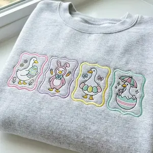 Easter Duck Embroidered Sweatshirt, Cute Spring Ducks with Eggs Bunny Umbrella Design, Pastel Easter Gift,Spring Ducks Bunny Egg Umbrella Crewneck, Kawaii Easter Animal Sweater, Cozy Spring Holiday Outfit, Cottagecore Easter Gift for Women Friends Family