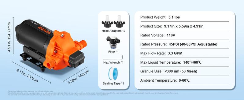 VEVOR Water Diaphragm Pump, 110V AC, 3.3 GPM Flow, 45 PSI Rated Pressure (40-80 PSI Adjustable), 1/2" MNPT Self Priming Sprayer Pump with Pressure Switch for RV Camper Marine Boat Lawn, FCC Certified