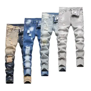 Boy's Solid Color Fashionable Skinny Pants - Ripped Distressed Destroyed Washed Denim Jeans​ for men Teen jeans ​​youth denim