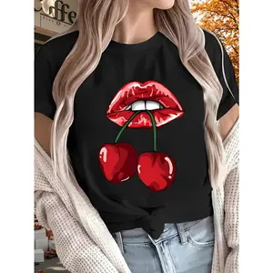 New Women’s Cherry Graphic Tee – Comfortable Short Sleeve Top for Sports, Home, and Outdoors