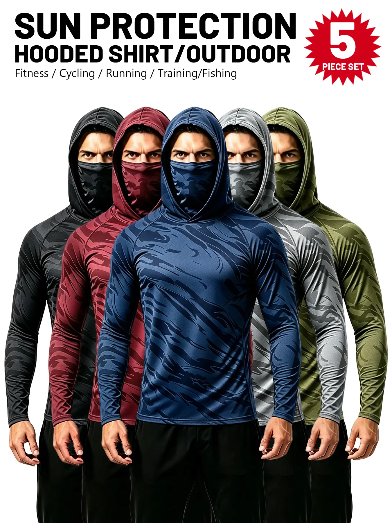 Men's 5 Pack Long Sleeve Compression Training Shirt, UPF 50+ Sun Hoodie with Face Mask & Thumbholes, Breathable Sports Wear for Fishing & Gym Daily Wear, Dry Fit Performance