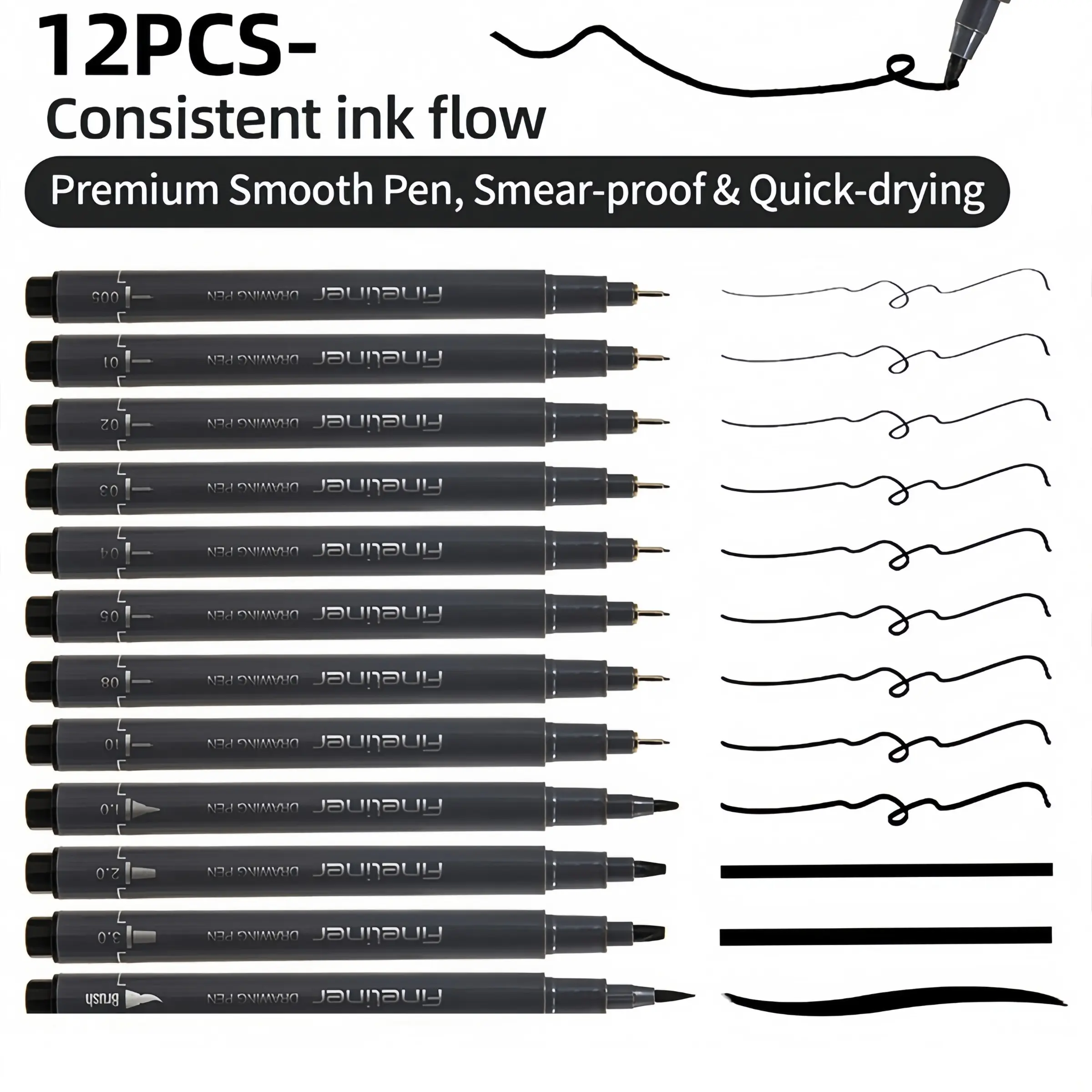 Drawing Pens Micro Fineliner Art Pens,12 Black Fine Line Markers Art Supplies Drawing Tools Adults Artist Sketch Waterproof Archival Ink Watercolor Inking Fine Liner Manga Sketching,Micro Drawing