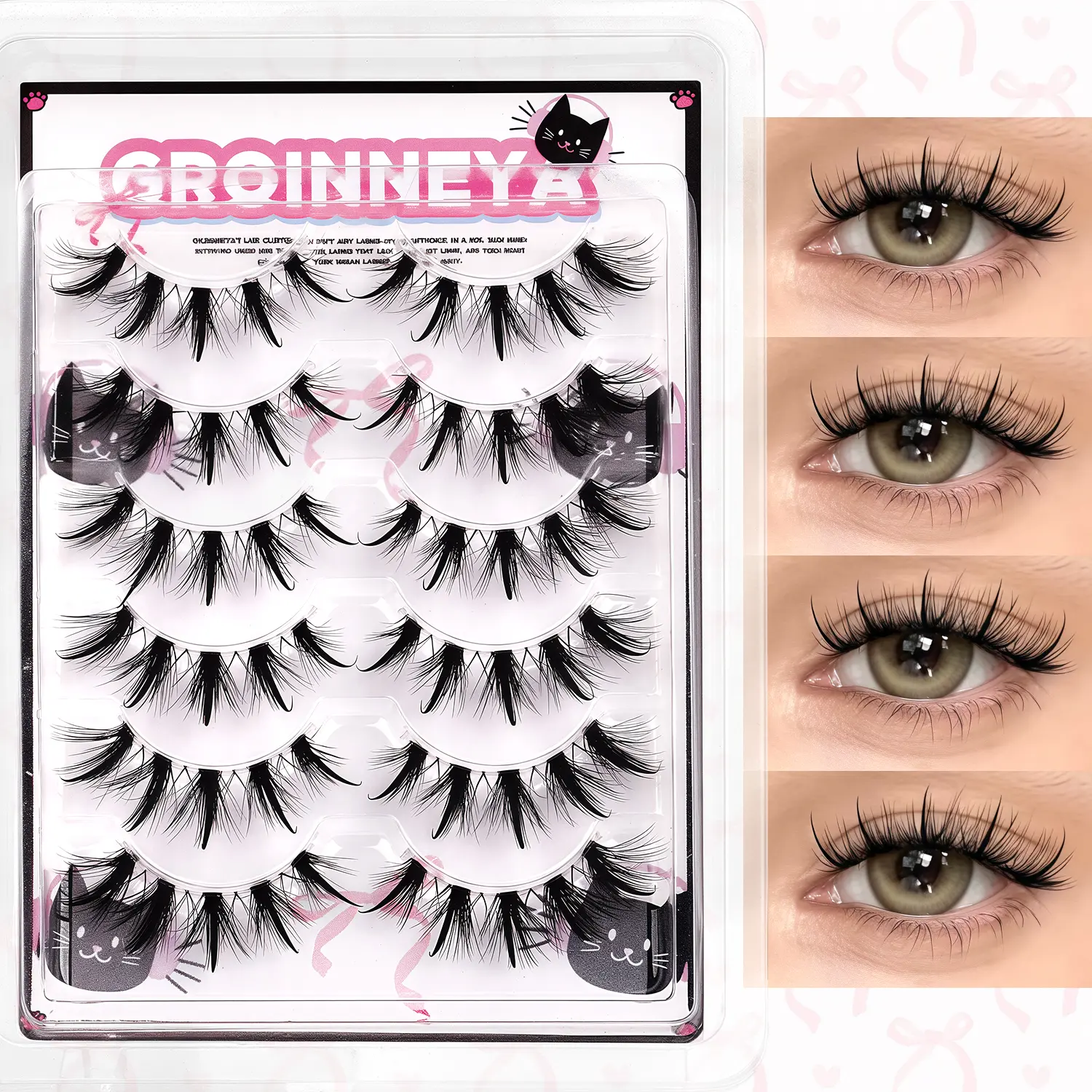 GROINNEYA 6 Pairs Dramatic 5D Faux Mink False Eyelashes, Wispy Fluffy Manga Style with Clear Band, Wet-Look Soft Lashes for Cosplay, Party & Daily Makeup