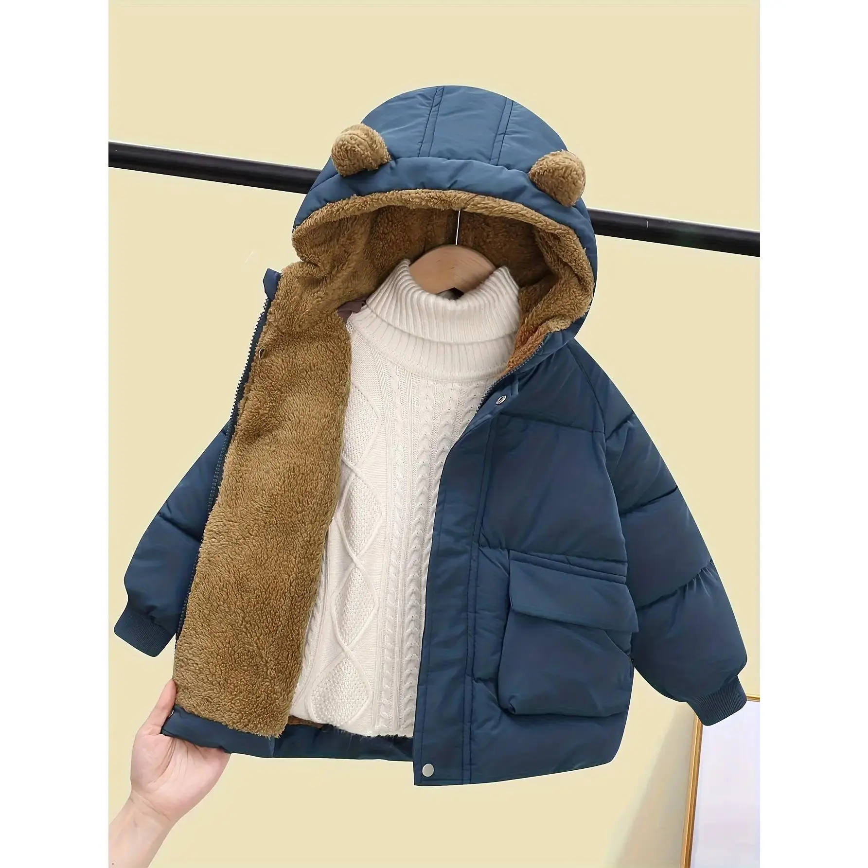 Kids' Solid Pink Puffer Jacket, Basic Hooded Winter Coat with Polyester Fill and Cute Bear Ears for Everyday Wear, Hooded Jacket, Casual Hoodie