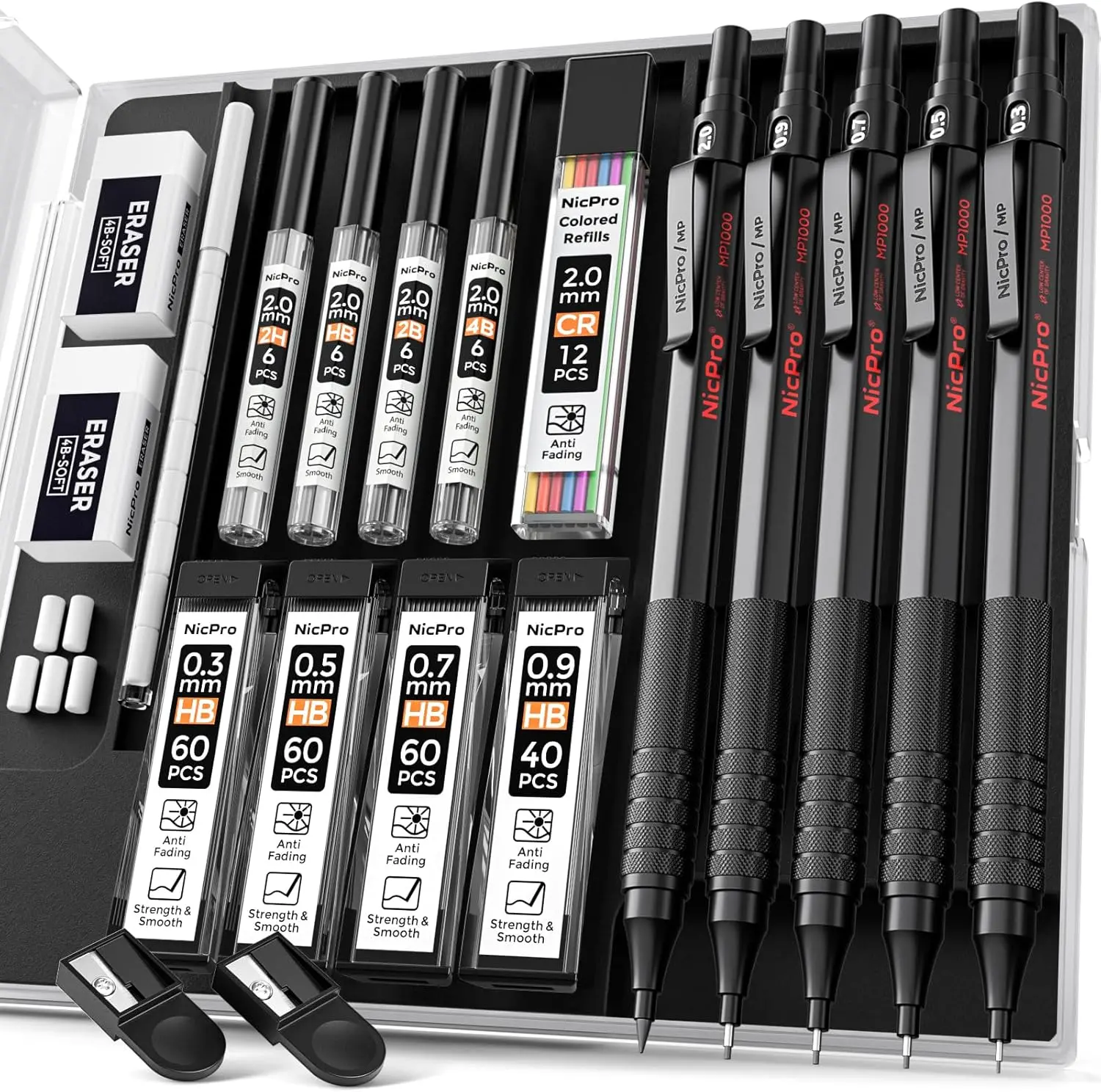 Nicpro 5-Pack Black Metal Art Mechanical Pencils Set - Multi-Size Metal Holder Drafting Tools (0.3mm,0.5/0.7/0.9/2mm Tips,4B/2B/HB/2H Cores,9 Refills,Eraser Case) - Office Stationery Leads, School Supplies Haul for Students