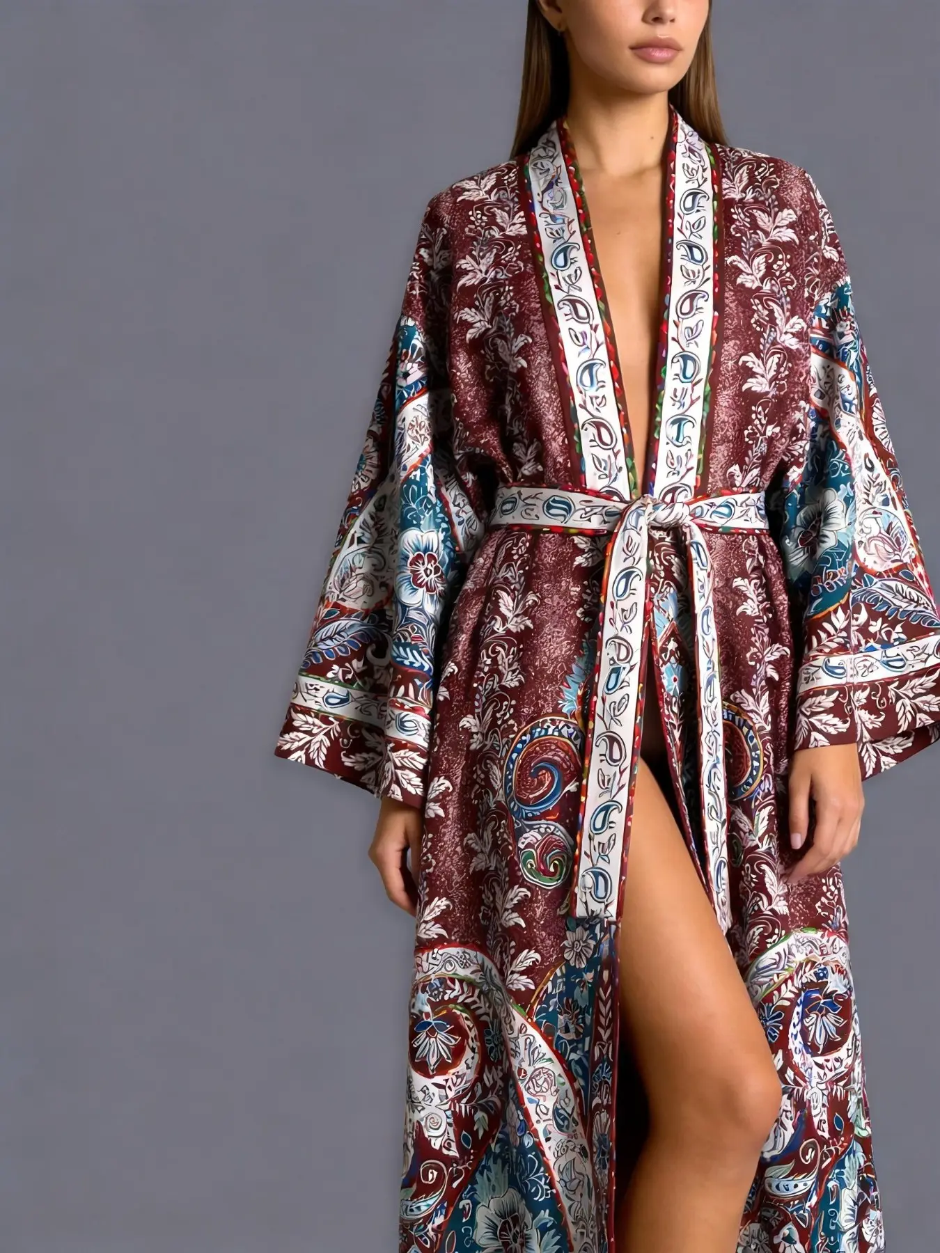 Women's Bohemian Boho Ethnic Vintage Paisley Floral Printed Kimono Cardigan, Long Sleeve Loose Fit Outerwear, Casual Party Street Style Jacket Womenswear, Beach Coverups, Beachwear Cover Up
