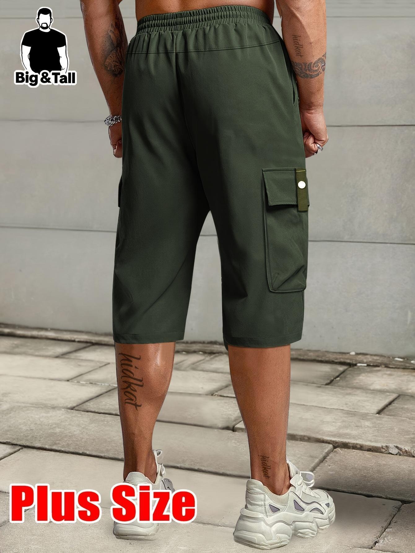 Men's plus size summer work pants - elastic drawstring waist circumference, multiple pockets and letter patches, regular mid waist non elastic fabric, opaque, suitable for daily and casual wear, Father's Day gift casual pants for summer