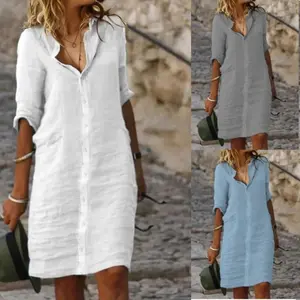 2023 Independent Cross-border New Loose Turn-down Collar Button Mid-sleeve Solid Color Cotton Linen Shirt Dress