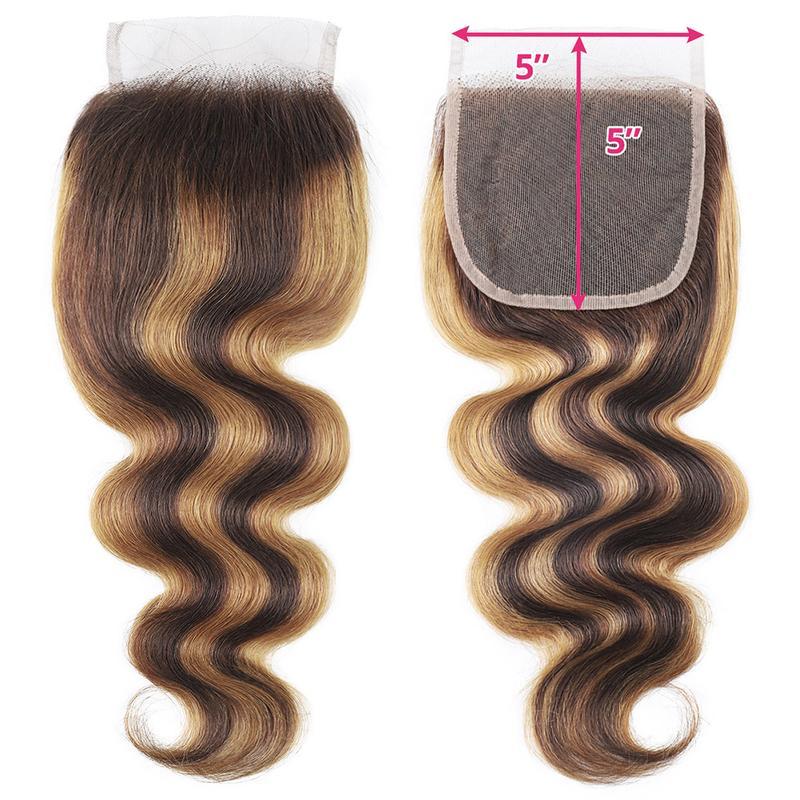 2x6 4x4 5x5 Lace Closure Brown Highlight Body Wave Human Hair Bundles 12-20inch Deep Part Transparent Lace Closure