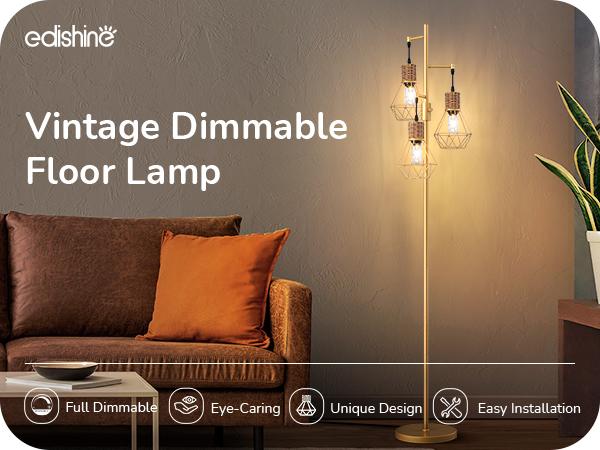 EDISHINE Dimmable Industrial Floor Lamp with 3 LED Edison Bulbs, Light Fixtures, permanent lights, Lanterns, Farmhouse Style, Rattan, lighting deals affordable decor, sconces, Elegant Design, Safe Sturdy Gold-HFLDC2A