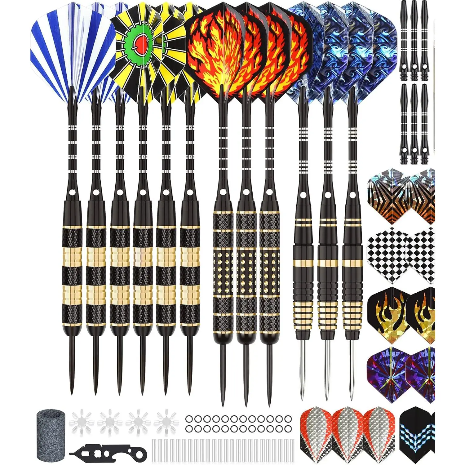 Darts Metal Tip Set, Steel Tip Darts Set 20 Grams 24 Grams and 26 Grams Darts for Dartboard with Aluminum Shafts, Brass Barrels, Extra Flights, Sharpener Tool Kit, Carrying Case