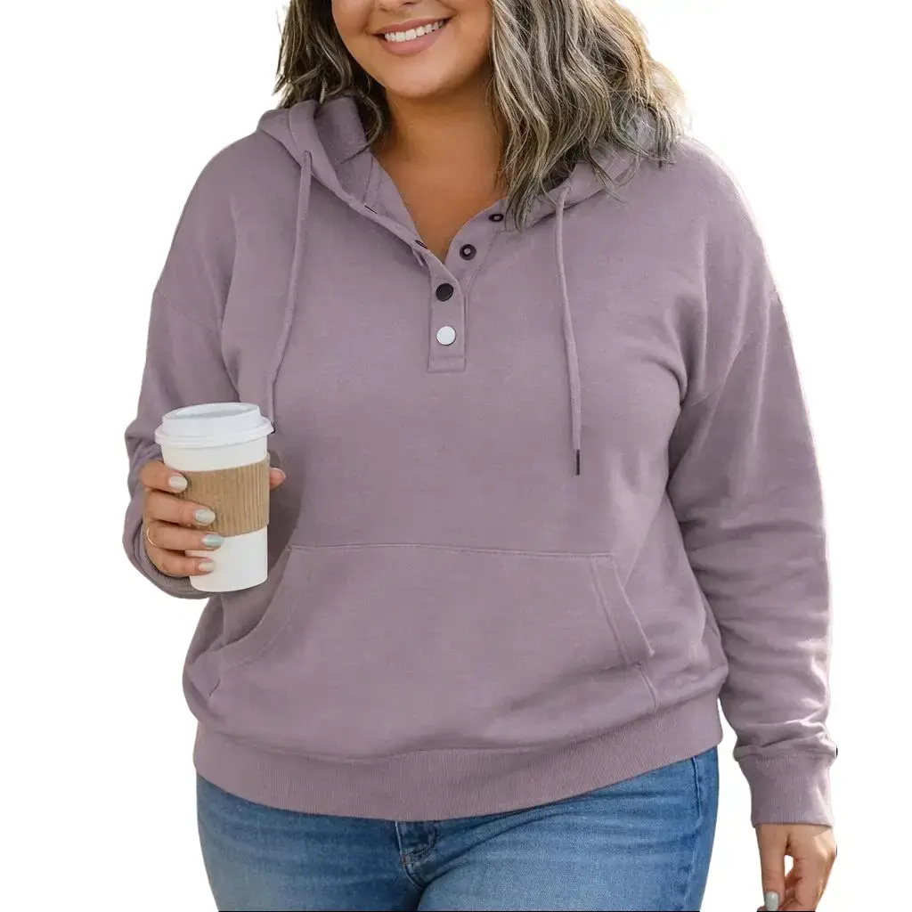 Women's Plus Size Oversized Hooded Sweatshirt - Button Collar, Drawstring Hood, Long Sleeve Pullover, Kangaroo Pocket, Soft Denim Fabric, Essential Style Top for Casual Gym Use, Pairable with Pants & Leggings, Lightweight, Basic, Vibe, Lady, Longsleeves,,
