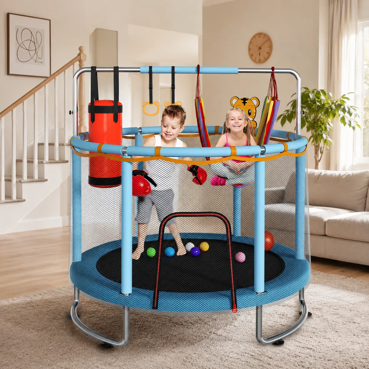 Kids' Mini Round Iron Trampoline with Basketball Hoop, Foam Enclosure - 55"/60" Size, No-Gap Safe Design, Swing, Sandbag, Upgraded Ring Legs, Ocean Balls, 36pcs Springs, Good Quality Zipper, 440lbs Capacity, Indoor & Outdoor Active Play Toddler Gifts