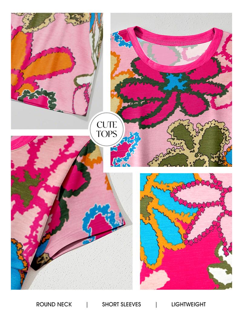 EVALESS Women's Casual Boho Print T Shirts Tops Crew Neck Short Sleeve Polka Dot Slim Fitted Soft Multicolour Tee 2026 Trendy Womenswear Springtok Summer Outfits