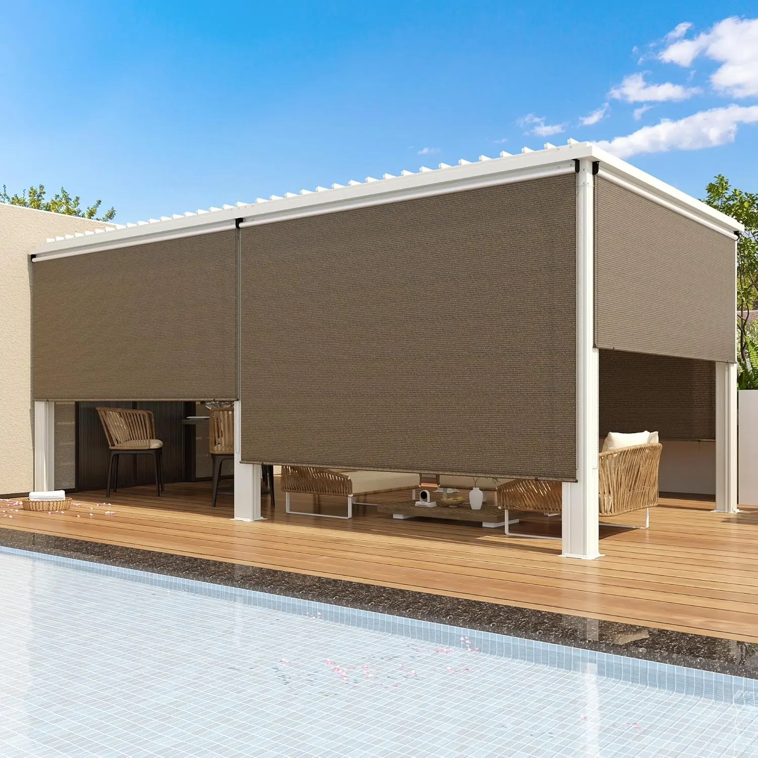 【Box shows Package Size, Not product size】YODOLLA Outdoor Roller Shade, 6'(W) x6'(H) Sun Shade Cover Canopy with 99% UV Protection, 220GSM HDPE Exterior Cordless Roll Up Shade Blinds Privacy Screen for Patio, Pergola, Gazebo, Mocha