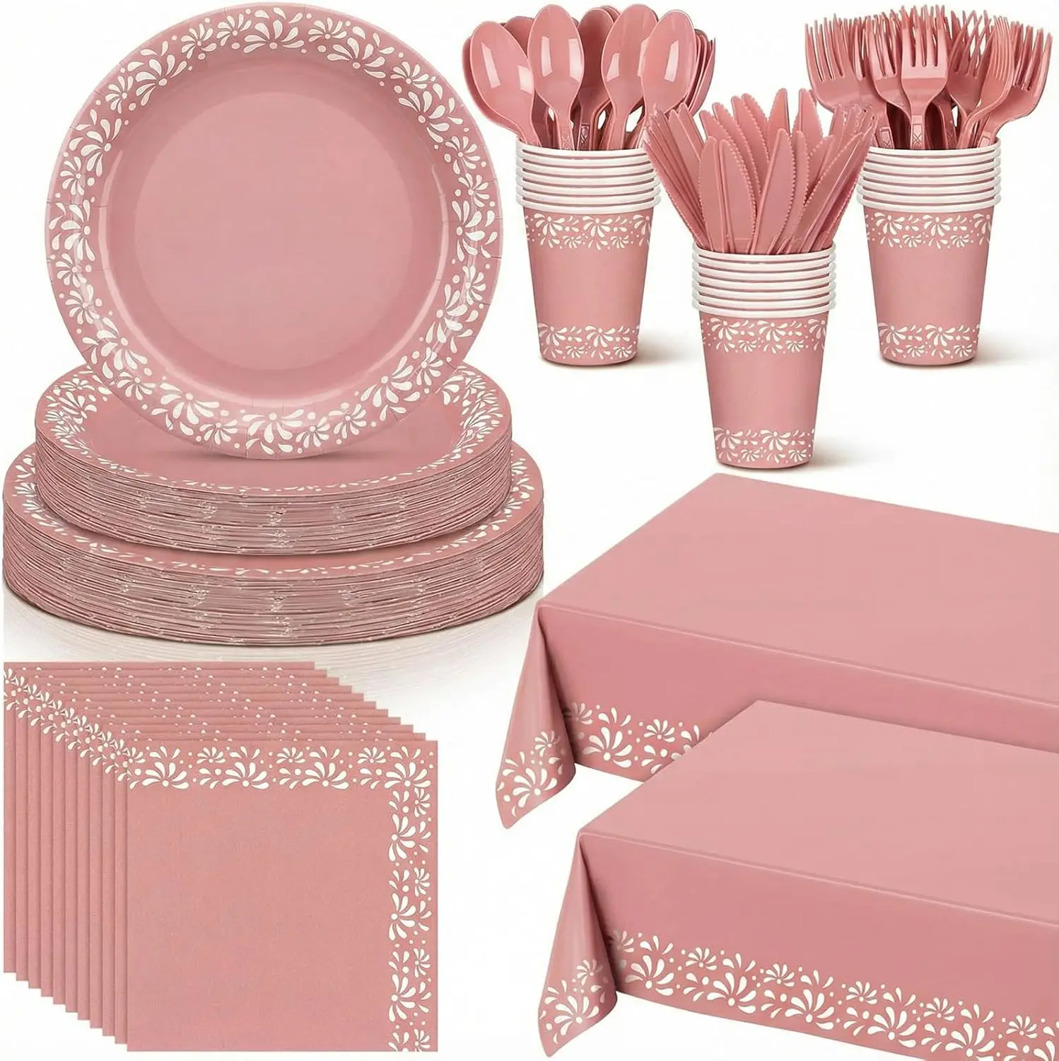 177 Pcs Cielito Lindo Party Decoration Platos De Barro Mexicanos Fiesta Tableware Set Mexicanos Talavera Plates Cups Napkins Tablecloths Baby Shower(Pink,White Flower) Havawish