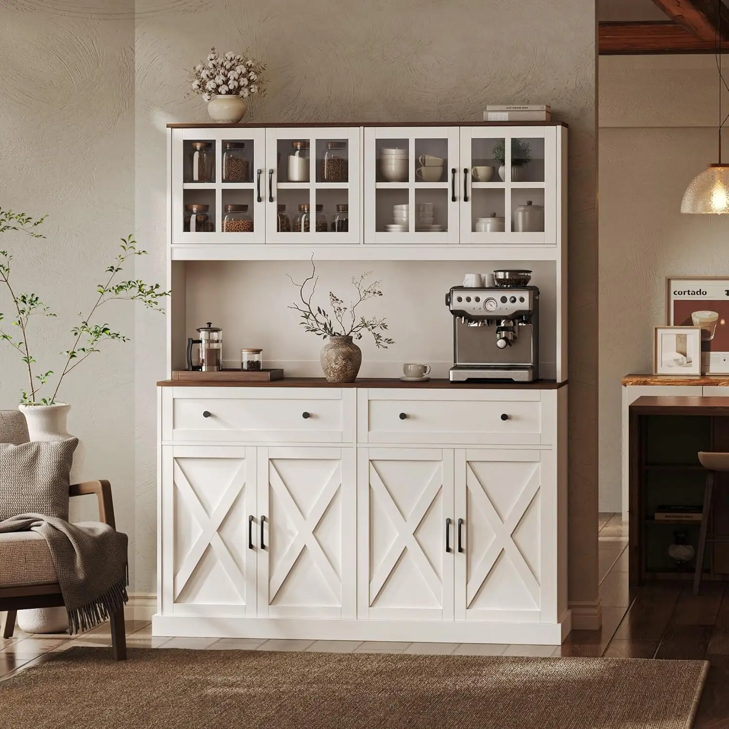 【2 Packages Shipping】PRAISUN 71''H x 55.1''W Pantry Cabinet with Charging Station, 4 Wide Cabinets Kitchen Pantry with 2 Drawers, Farmhouse Hutch Storage Cabinet, Tall Coffee Bar, Acrylic Door, Adjustable Shelves