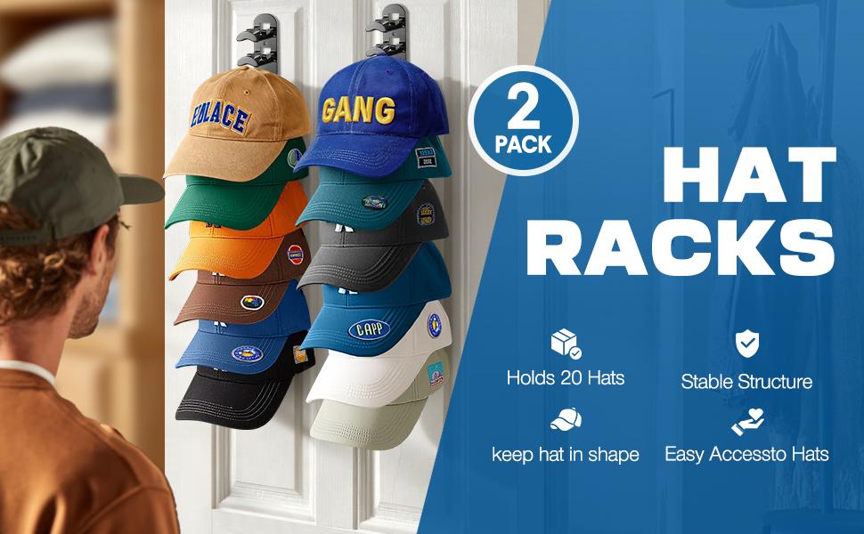 2 Pack Hat Organizer Wall Mounted Baseball Cap Hold up to 20 Hats Black or White Hat Rack for Wall with Strong Adhesive and Wall Drilled for Door Bedroom Closet Easy Access Display Hat Hanger Holder Multilayer Two Mounting Option Hat hook on wall