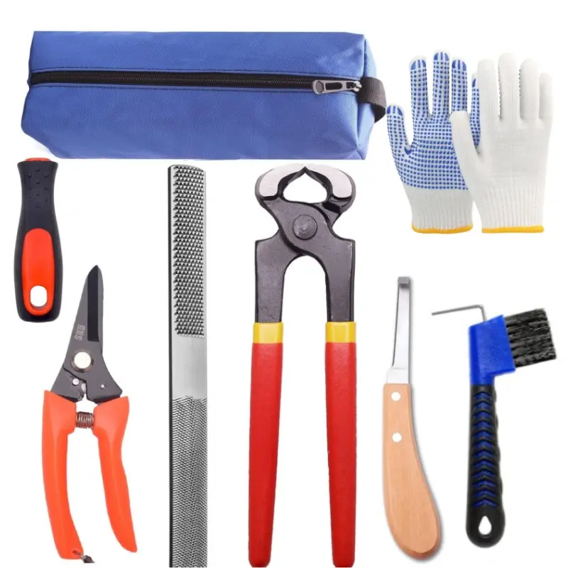 7-Piece 8-Inch Professional Farrier Hoof Tool Set, Carbon Steel Work Tool Kit with Ergonomic Comfortable Handle, Double-Sided Hoof Nail, Durable Sharp Design, Storage Bag for Horses, Small Animals Hooves, Goats