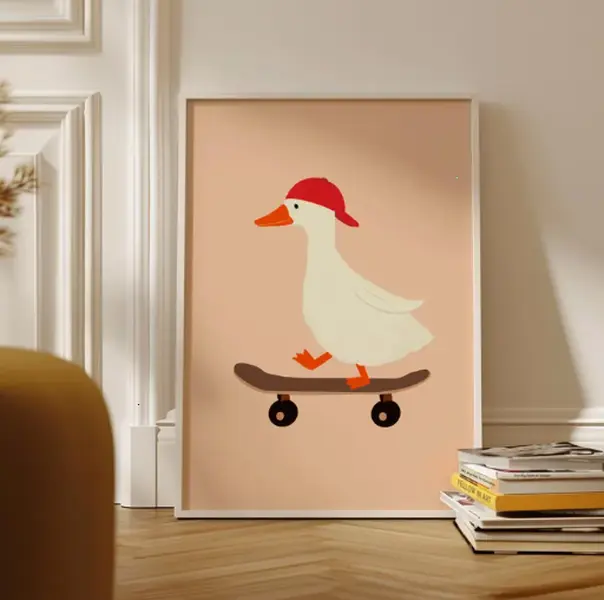 Silly Goose Skateboarding Print, Nursery Decor, Toddler Boy Art, Farm Animal Poster for Kids Room, Retro Quirky Wall, Playroom Art