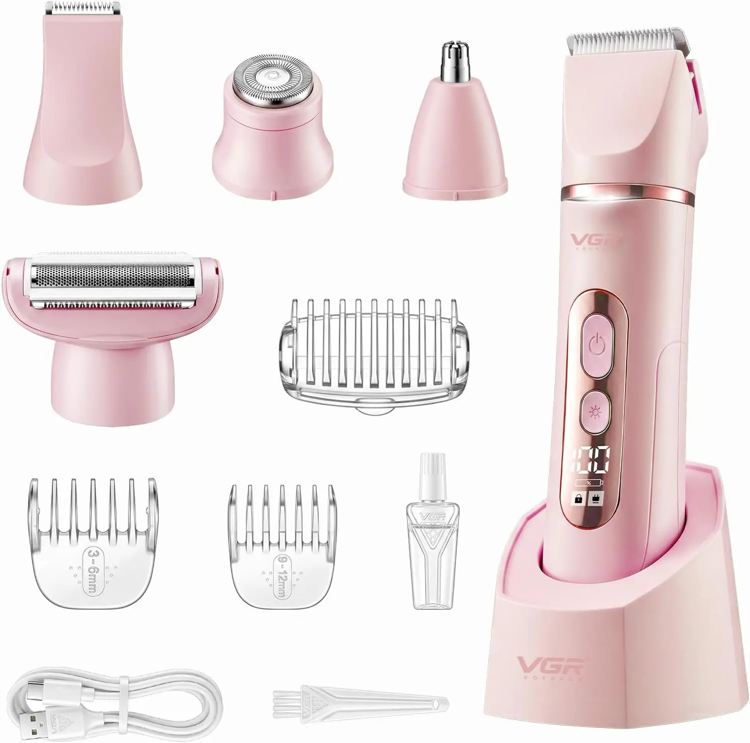 VGR 763 Bikini Trimmer for Women, Electric Razors for Women 5 in 1 Lady Shaver Set with Nose Hair Trimmer, IPX7 Waterproof, LED Display, Travel Lock, USB-C Rechargeable