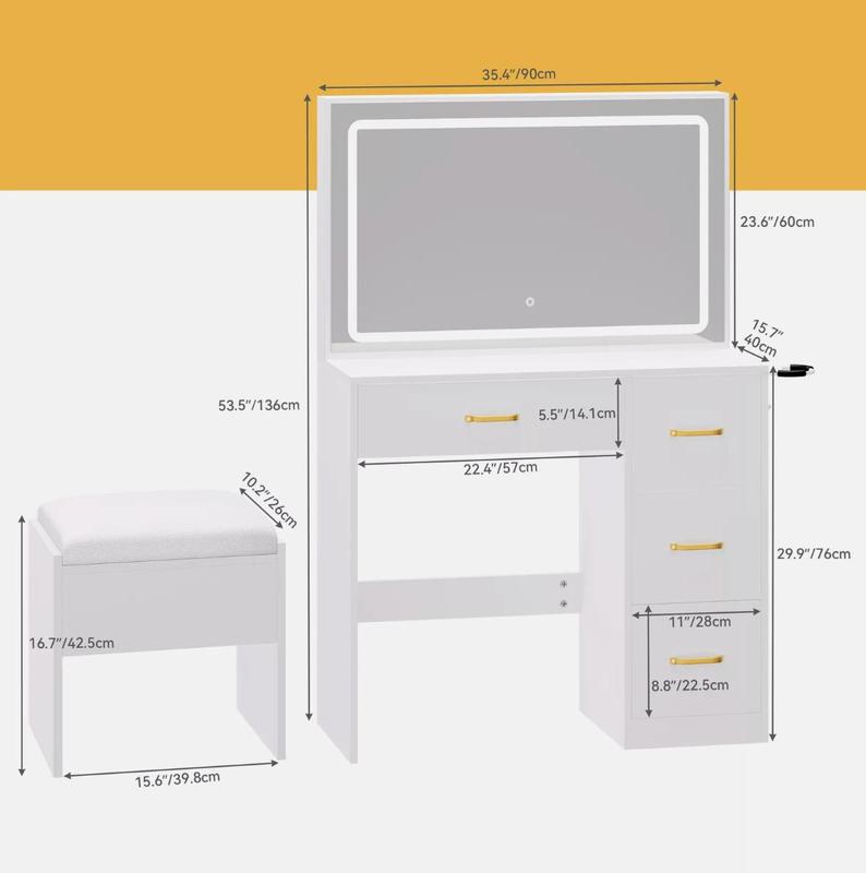 YITAHOME Makeup Vanity Desk with Large Lighted Mirror with Power Outlet and LED/Bulb Strip, 3 Color Lighting Modes with Adjustable Brightness, 4 Drawer Vanity Table with Cushioned Stool for Bedroom