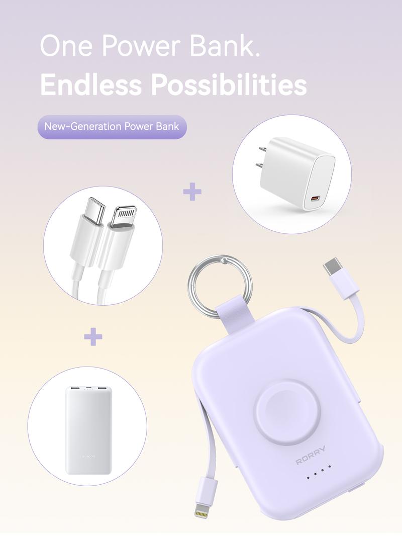 RORRY Portable Charger 5000mAh Keychain Power Bank with Integrated Wireless Charging for Apple Watch & iPhone 17-11 Series Compact Travel Friendly Design Perfect Gift Valentinesdaygift