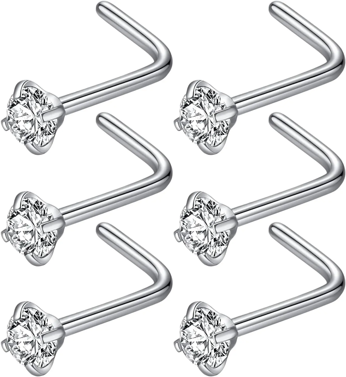 Women's 316L Surgical Steel L-Shape Nose Studs, 22g/20g/18g Gauges, 1.5mm/2mm/2.5mm/3mm CZ Accents, Nostril Piercing Body Jewelry