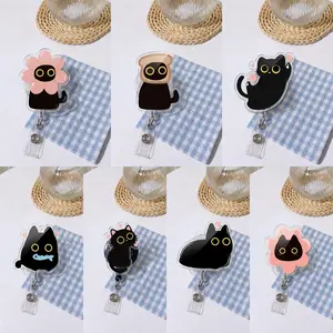Silly Black Cat Badge Reel Retractable | Cute Anime Kitten ID Holder | Funny Fish Eating Cat Name Tag Clip for Nurses Teachers | Quirky Acrylic Heavy Duty Badge Reel Gift