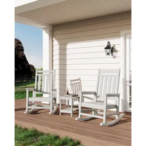 Poly Lumber Rocking Chair Outdoor Set of 2 with Side Table - HDPE High Back Porch Rocker Chairs for Adults - All Weather Resistant Furniture for Patio - White