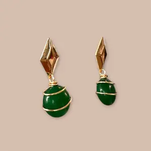 18k Gold Plated Stud Green Jasper Drop Earrings-  Elegant Fine Jewelry
