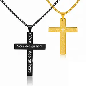 Gold & Black Cross Necklace for Men Lord’s Prayer Pendant with Cuban aLink Chain Stainless Steel Christian Jewelry
