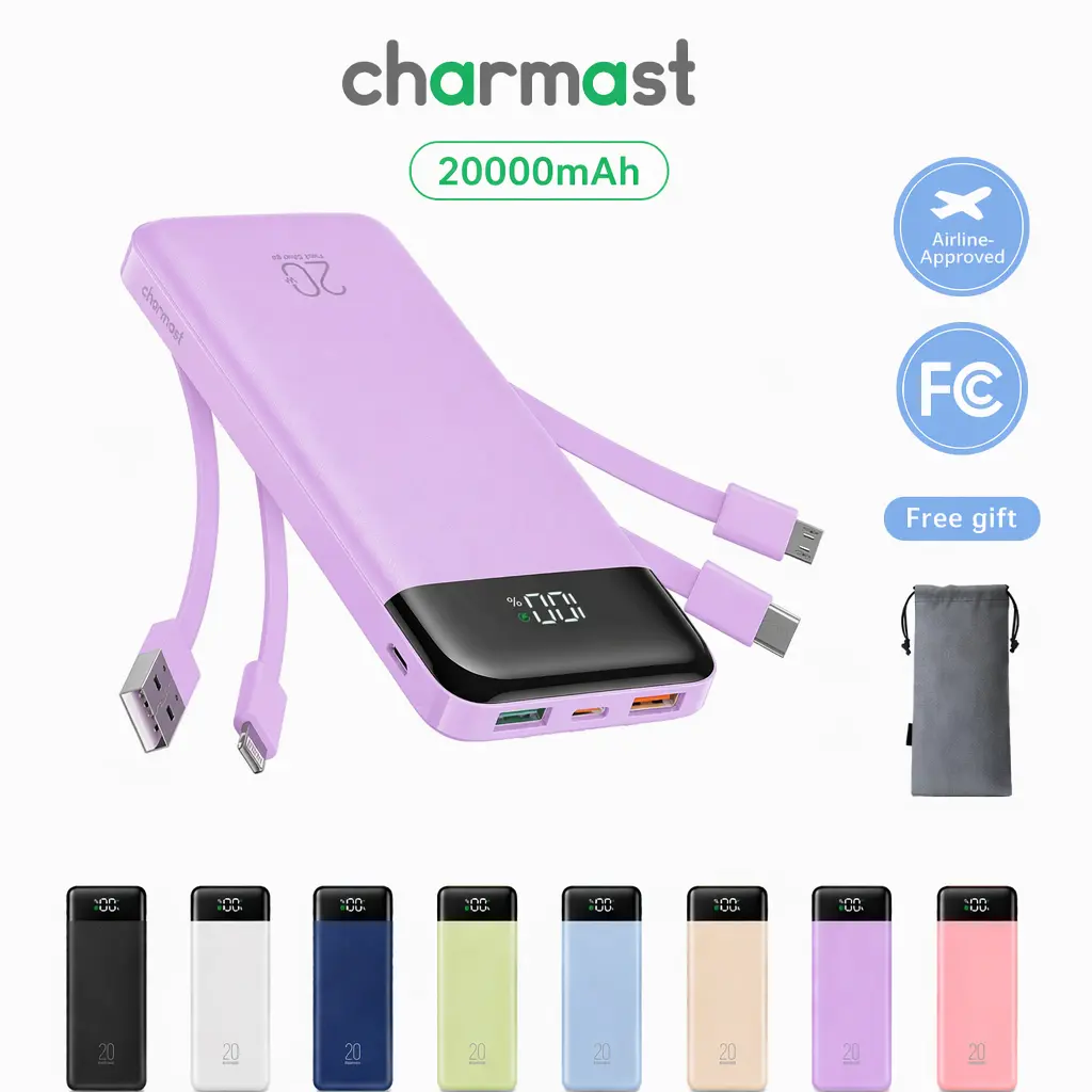 Charmast 20W Fast Charging Power Bank 20000mAh Ultra Thin Portable Charger with Built-in Cables for iPhone Android Tablet USB-C Micro USB Included Travel Friendly Rechargeable Battery Pack Black Digital Device Gadget