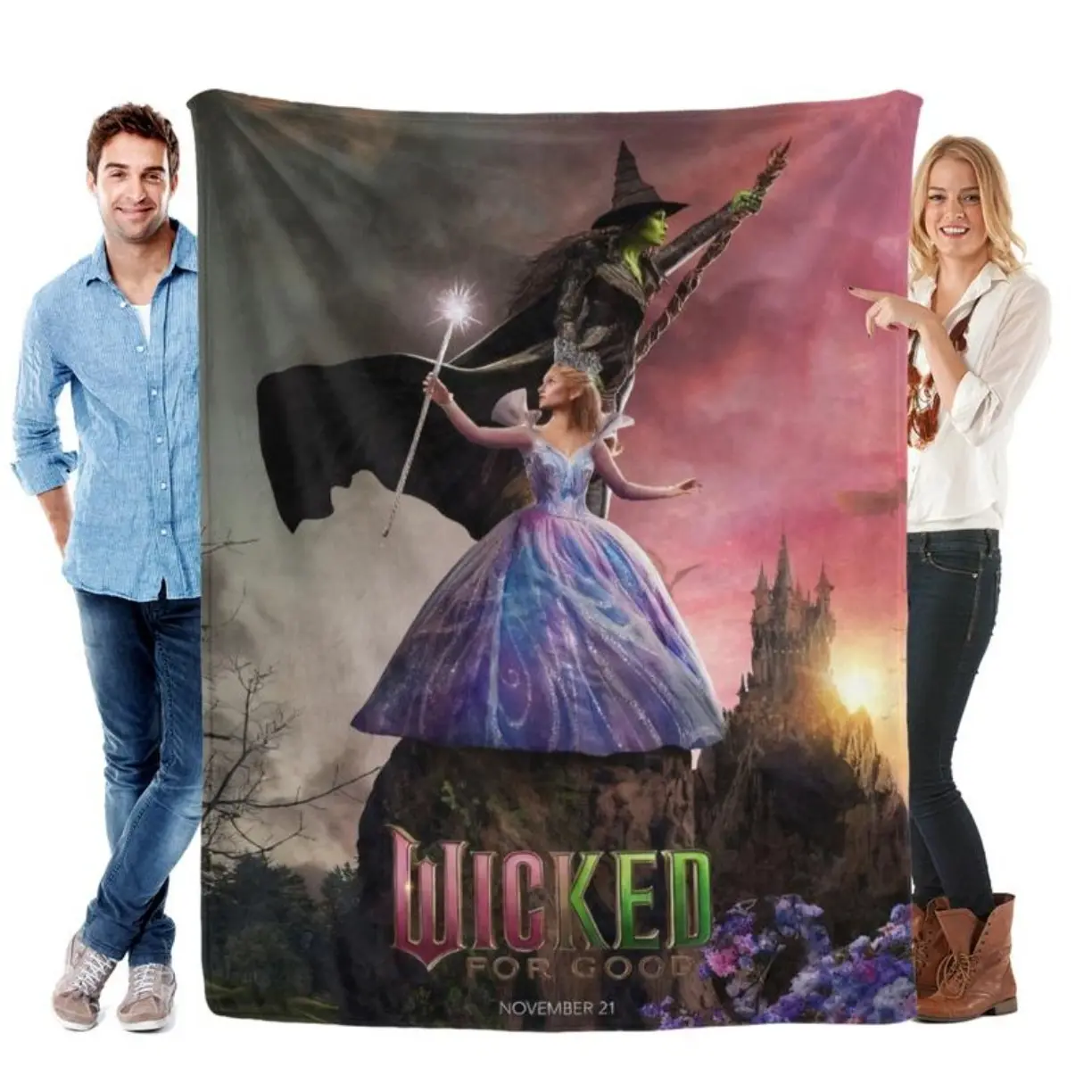 Wicked for Good Movie Poster Flannel Blanket Featuring Glinda and Elphaba Against A Magical Oz Backdrop Soft Cozy Ideal for Musical Fans  gift Dream Weave Home