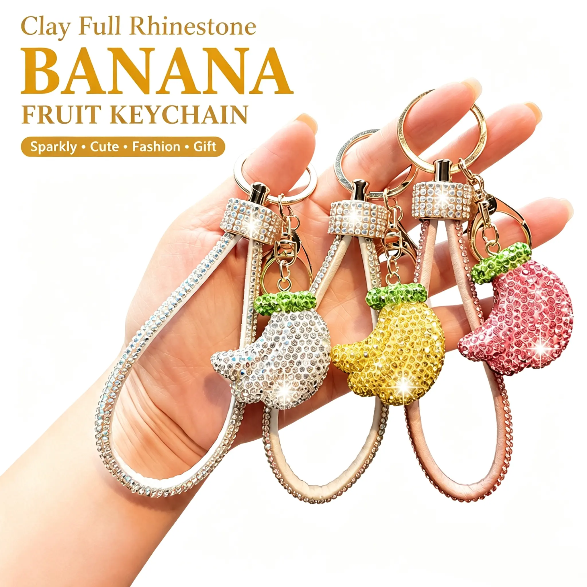 Clay Full Rhinestone Banana Fruit Keychain, Sparkly Crystal Bling Car Key Chain, Cute Fruit Shape Bag Charm Pendant Fashion Accessories Gift for Women Girls