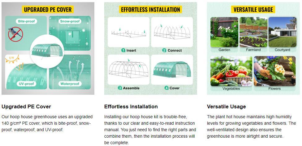 VEVOR Walk-in Tunnel Greenhouse, Portable Plant Hot House w/ Galvanized Steel Hoops, Top Beams, Diagonal Poles, Zippered Doors & Roll-up Windows VEVOR Walk-in Tunnel Greenhouse, Portable Plant Hot House w/ Galvanized Steel Hoops, Top Beams, Diagonal Poles, Zippered Doors & Roll-up Windows