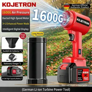 KOJETRON 1600G Cordless Leaf Blower Brushless Motor Turbo Boost 21V 6000mAh Battery 3 Modes LED Display Ultra Lightweight Handheld with Charger Long Nozzle Duckbill for Leaves Snow Clearing Car Drying Dust Patio Garage Yard Cleanup High Power Air Duster