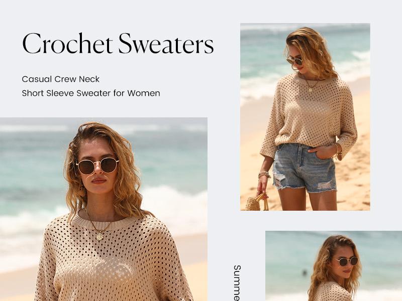 Shewin 2026 Spring/Summer Women's Oversized Hollowout Sweater Breathable Cut-Out Round Neck Half Sleeve Tunic Top for Daily & Vacation Casual Wear SpringStatements