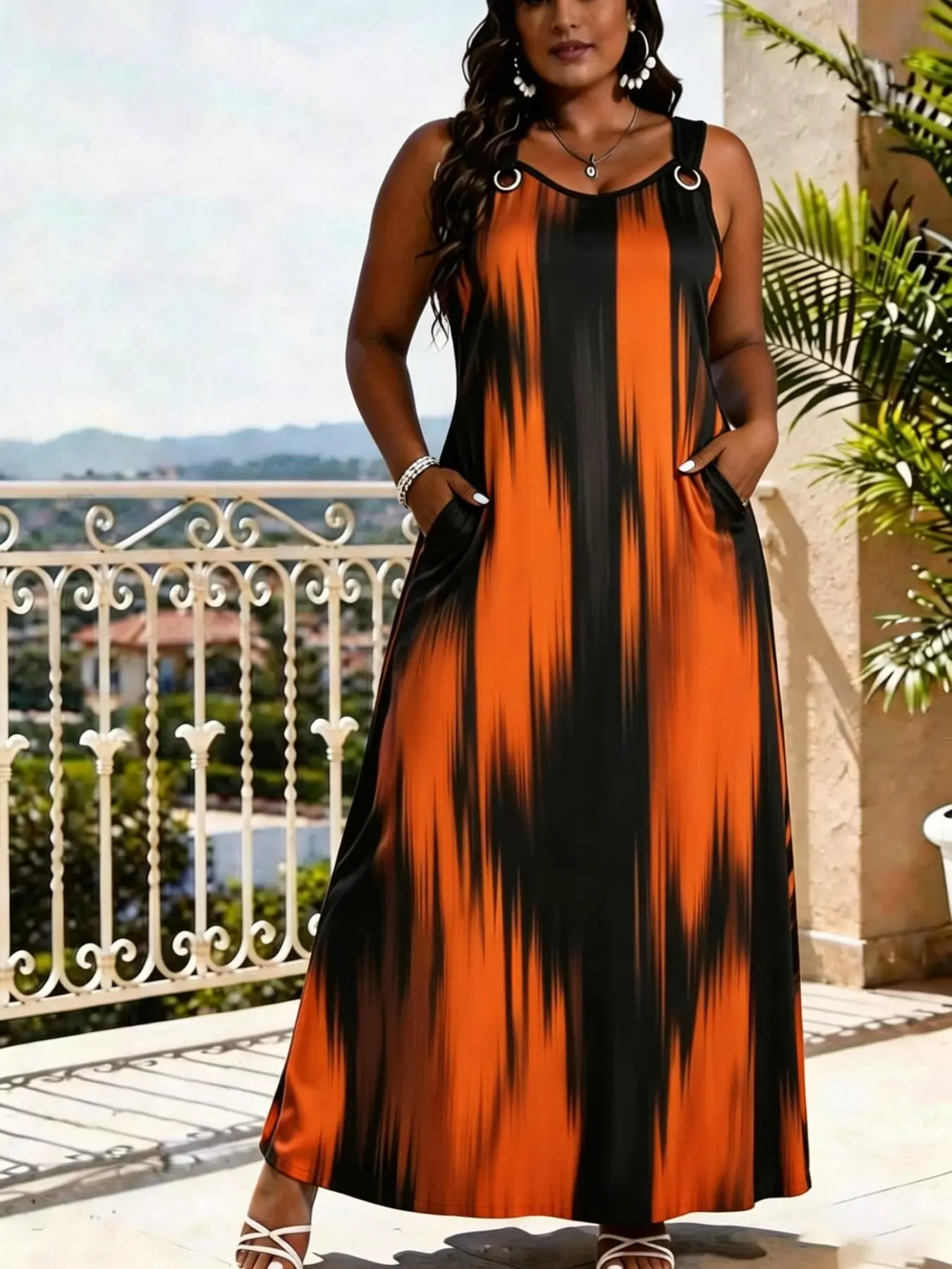 Elegant V-Neck Sleeveless Summer Maxi Dress for Women, Fashion Casual Wear, Striped Print Long Dress, Wide Strap & O-Ring Design, Perfect for Beach, Party and Daily Wear