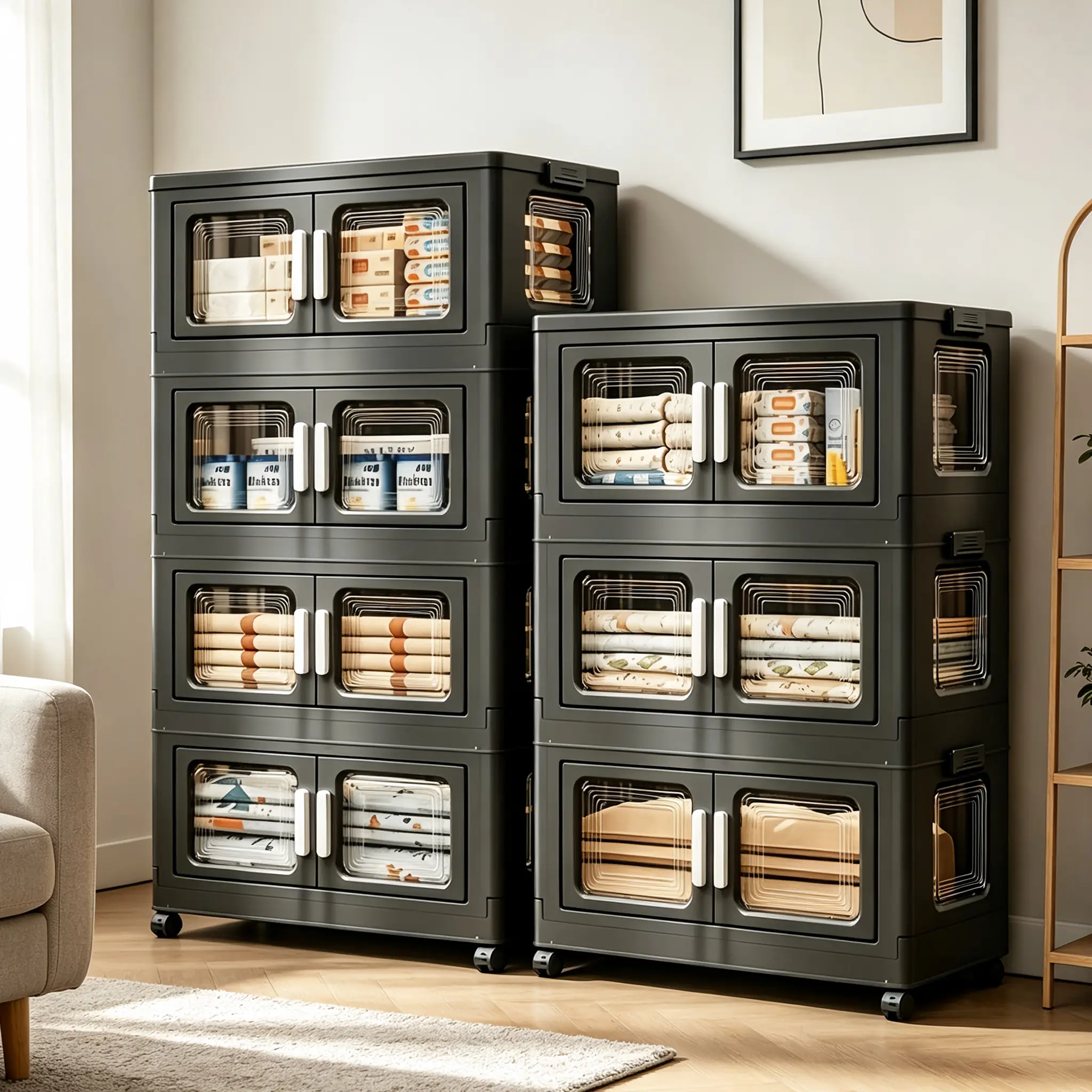 2/3/4/5-Tier Stackable Plastic Storage Cabinet, Black Large-Capacity Storage Box with Lid & Door, Movable Design,Tool-Free Assembly, Foldable Wardrobe Organizer Shelf,Space-Saving Storage Bin for Living Room, Bedroom,Kitchen, Office & Apartment