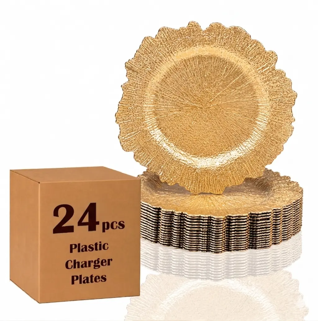 24pcs 13" Charger Plates, Plastic Reef Chargers Plate Bulk, Floral Reef Charger for dinning plates, Table setting and Wedding party table Decor.