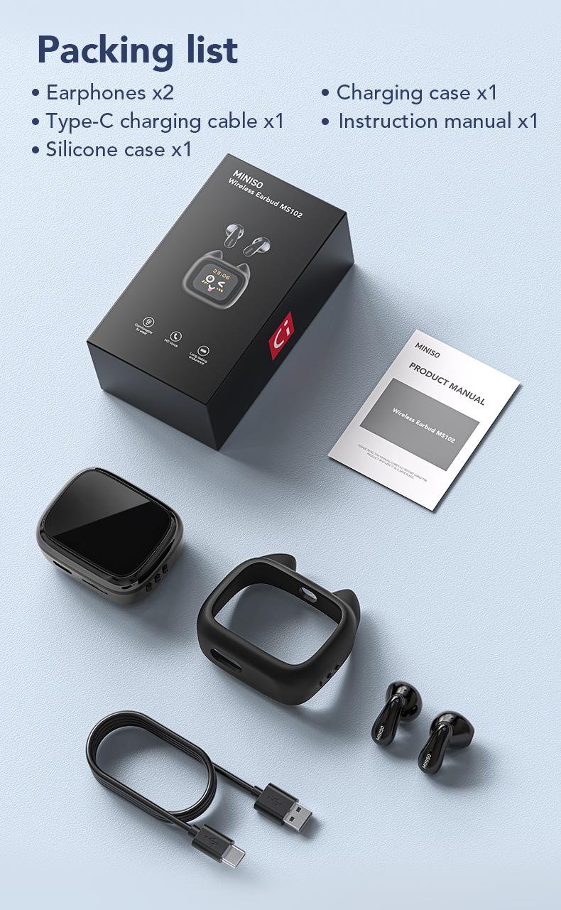 MINISO MS102 Bluetooth 6.0 earphones, LED display, IPX5 waterproof wireless earphones, in-ear style, suitable for business and travel.