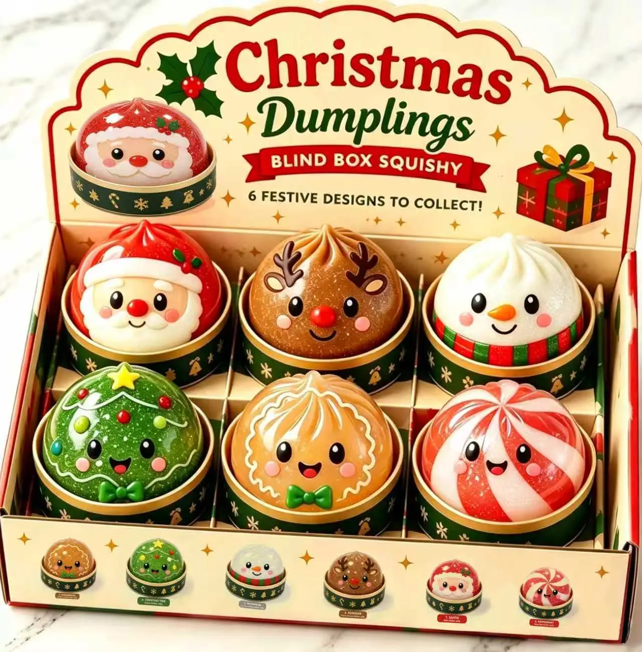 Christmas Dumpling Squishy 6-Piece Gift Box, Jumbo Soft TPR Squeeze Toys with Steamer Cases, Holiday Stress Relief Fidget Gift Set