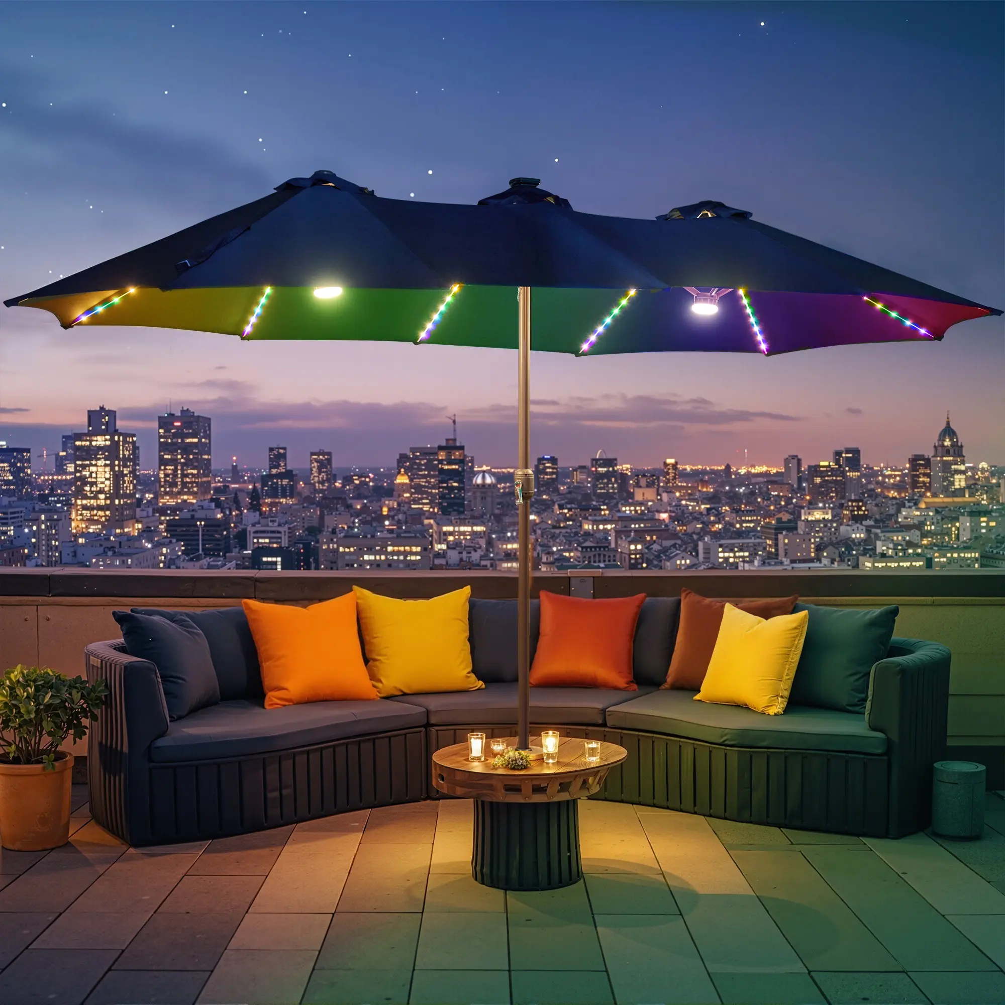 【Mother‘s Day Gift】XIZZI 15 FT Extra Large Patio Umbrella with Solar Lights Rotatable Rectangular Outdoor Umbrella with Base Included Double-sided Heavy Duty for Pool Garden Backyard Outdoor Market Backyard
